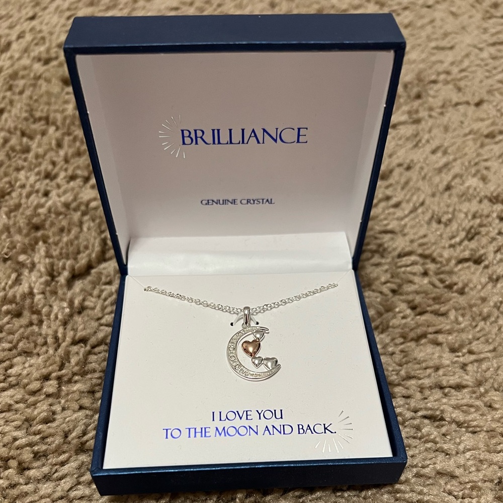 Brilliance I Love You To The Moon & Back Necklace Silver Moon, Hearts, Crystals